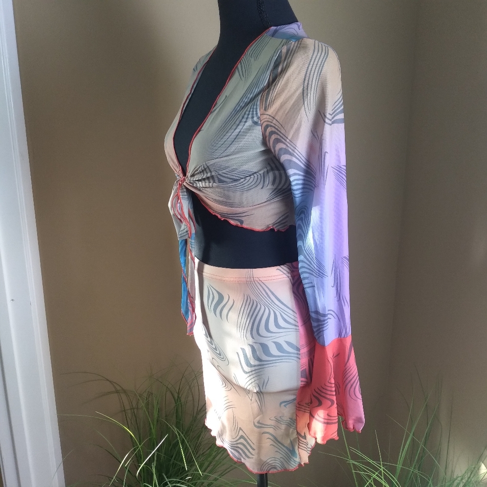 Women's Two-piece Bright Color Mesh Tie Up Shirt w/Skirt- Size Medium NWOT - Picture 10 of 17
